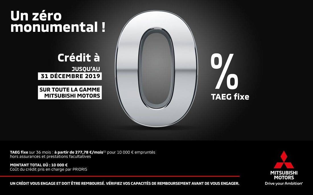 Crédit à 0% sur toute la gamme MITSUBISHI MOTORS – Jusqu’au 31 décembre 2019